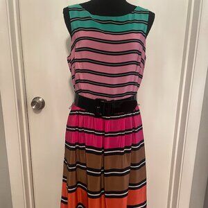 Donna Ricco Sleeveless Belted Dress Size 10 Multicolor Striped Knee Length